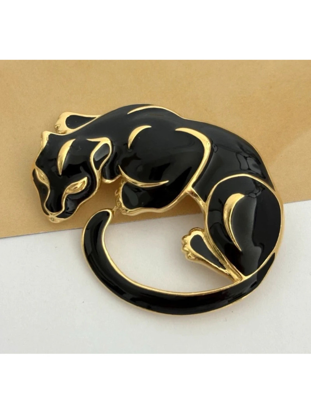 Vintage Trifari TM Brooch Black Panther Gold Tone Black Enamel Signed